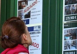 Una mujer observa varios carteles que anuncian alquileres en una inmobiliaria.