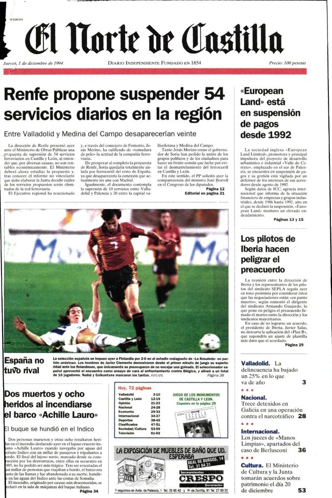 Portada del El Norte de Castilla en su edición de Valladolid del jueves 1 de diciembre de 1994.