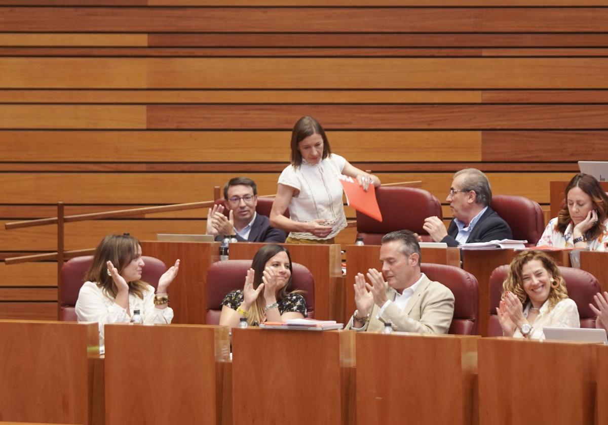 Laura Pelegrina (PSOE) recibe el aplauso de su bancada tras su intervención.