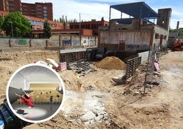 Trabajos de excavación del futuro auditorio de la Factoría de creación del Lava e infografía del espacio que ocupará el edificio de nueva planta adosado al existente.