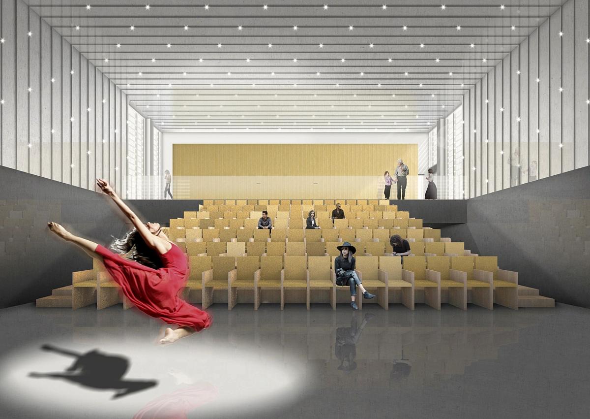 Imagen secundaria 1 - Infografías del estudio de arquitectura Grijalba del hall principal de la Factoría de creación, del futuro auditorio y de la terraza al aire libre con el torreón de fondo.