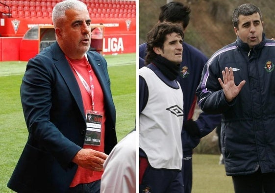 Alfredo Merino, en Anduva esta temporada. A la derecha, en 2006, como técnico del Pucela, con Víctor.