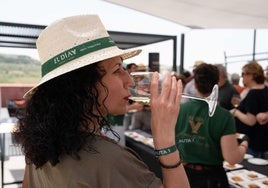 Una mujer bebe un vino durante el DíaV, celebrado en cinco bodegas de Ribera de Duero.