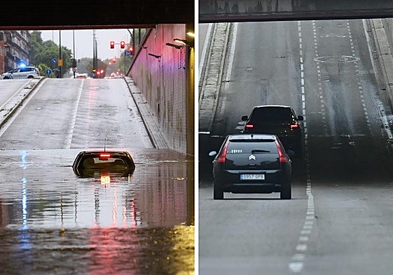A la izquierda, el túnel de la Circular durante la tarde del martes; a la derecha, el miércoles por la mañana ya sin agua.