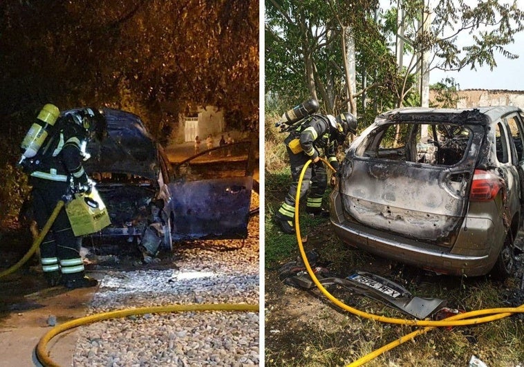 Los Bomberos de la Diputación de Valladolid sofocan los incendios en los vehículos.