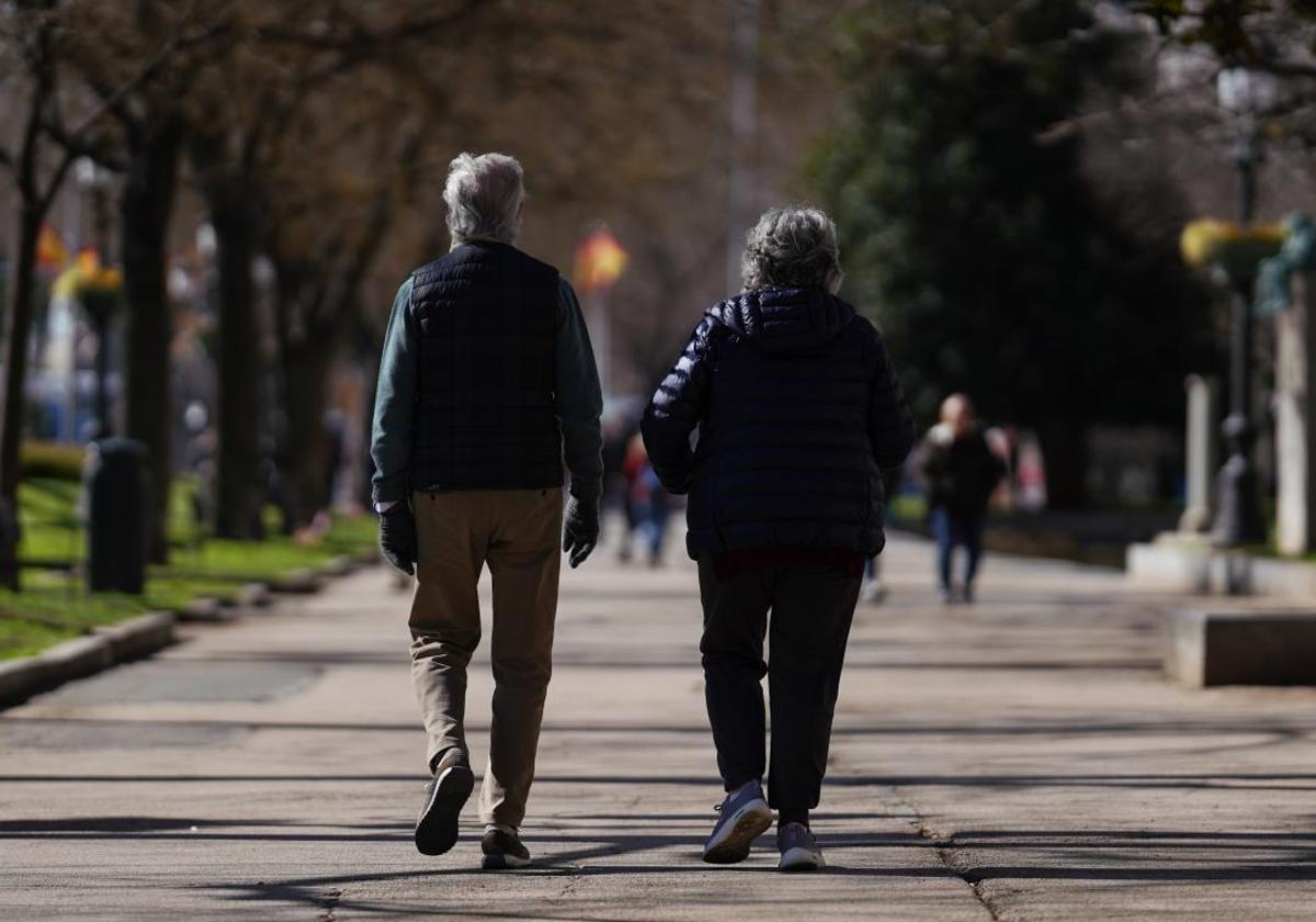 Una pareja de jubilados pasea por un parque.