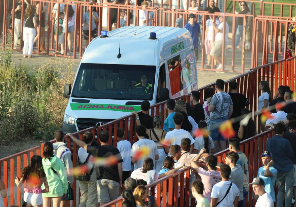 Un herido por asta en el brazo y un toro derriba una valla pero no se escapa en el accidentado quinto encierro de La Flecha