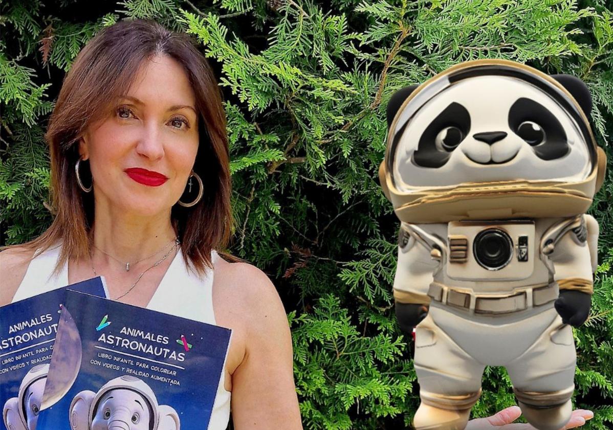 Teresa Pernía posa junto a dos ejemplares del libro y un personaje creado con realidad aumentada.