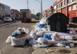 Basura acumulada, este miércoles junto a un contenedor en la calle Andalucía del polígono.