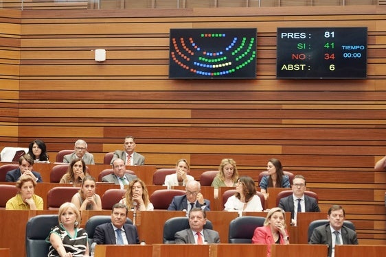 Votación de la ley de publicidad institucional. 41 votos a favor de PSOE, Vox, Unidas Podemos y Francisco Igea; 34 en contra de PP, Por Ávila y los dos no adscritos; 6 abstenciones de UPL y Soria ¡Ya!.