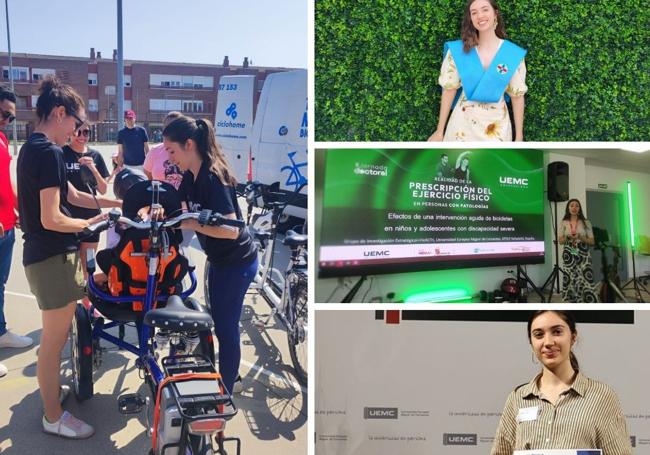 Foto 1.- Lisa Musso organizando una actividad Ruralbike en Tordesillas con bicicletas adaptadas. Foto 2.- Graduación de su Master. Foto 3.- Ponencia en las jornadas doctorales 2025. Foto 4.- Premio en las III Jornadas de Fisioterapia de la UEMC en 2025.