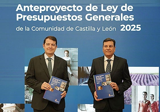 Alfonso Fernández Mañueco y Carlos Fernández Carriedo presentan el anteproyecto de presupuestos de 2025, que no se llegó a tramitar en las Cortes.