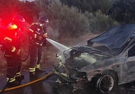 Labores de extinción del incendio del vehículo en la N-601.