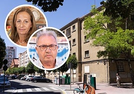 Exterior del cuartel de Vadillos. En detalle, la hostelera Blanca María Pérez y el vecino Ambrosio Tordable.