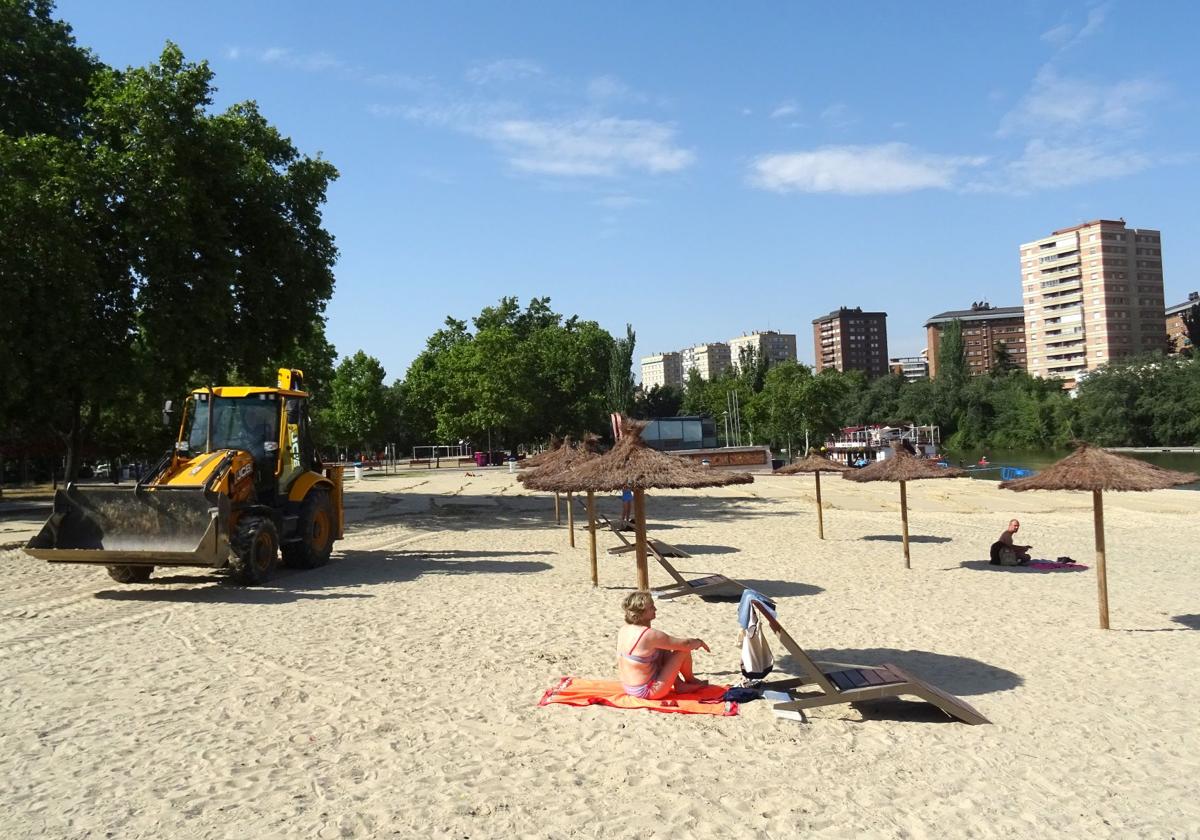 Las máquinas esparcen la arena por la playa de Las Moreras mientras dos usuarios toman el sol en el mobiliario estrenado el pasado verano.