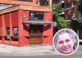 Fachada del bar Sinatra. En el círculo, José María Jurio.
