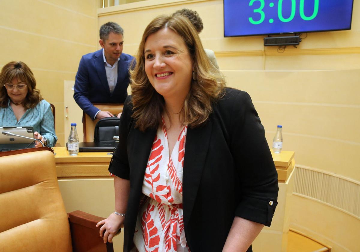 La portavoz del grupo municipal del PSOE en el Ayuntamiento de Segovia, Clara Martín, accede a su escaño en un pleno.