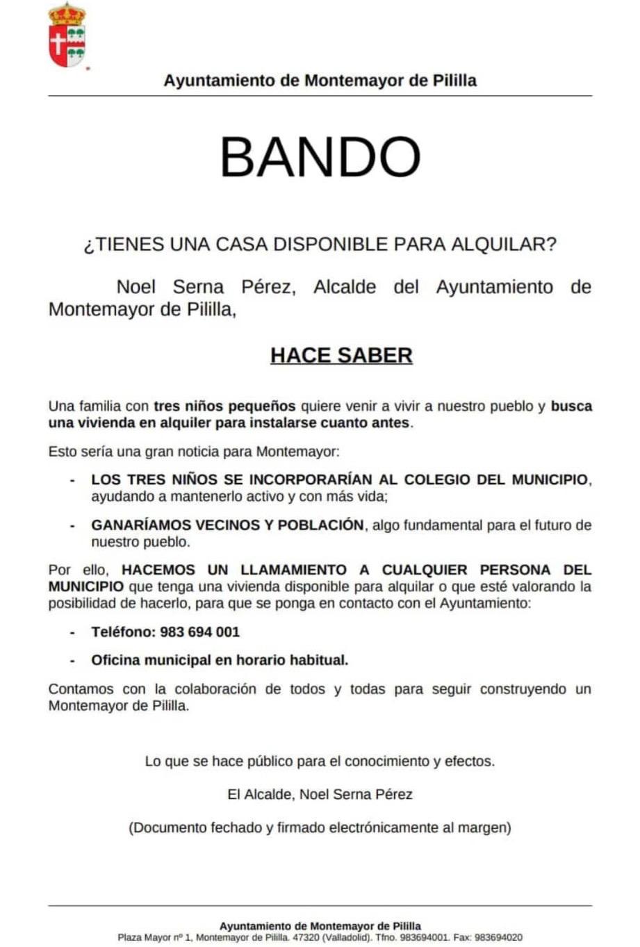 Bando publicado por el Ayuntamiento de Montemayor de Pililla.