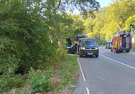 Los servicios sanitarios y los bomberos auxilian en el vehículo siniestrado.