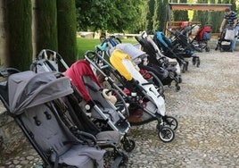 Varios carritos de bebé, en hilera junto a un parque.