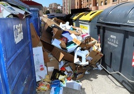 Basura acumulada junto a los contenedores de papel y cartón.