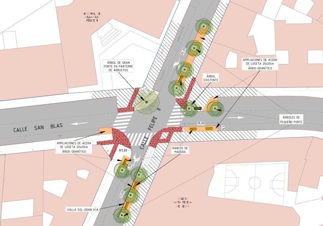 Plano de situación del arbolado, plazas de aparcamiento y ensanchamiento de aceras.