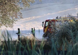 Labores de extinción en los terrenos incendiados en Castrodeza.