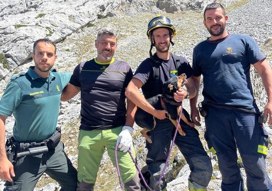 Los bomberos sostienen al perro tras el rescate del animal de una sima.