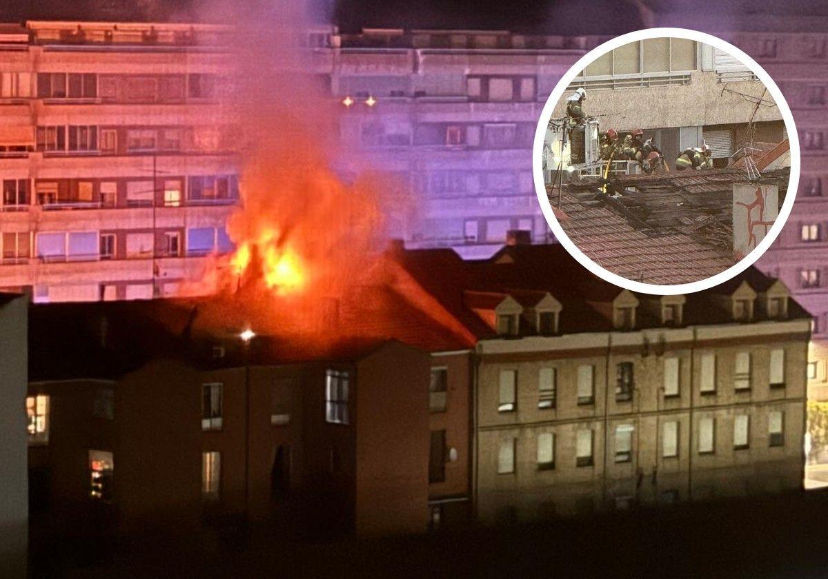 Incendio en la calle San José, el domingo por la noche. En el círculo, los bomberos refrescan la zona este lunes por la mañana.