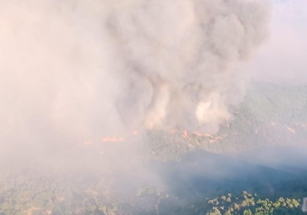 Aspecto del incendio en las inmediaciones de la localidad abulense de Mombeltrán, este martes por la mañana.