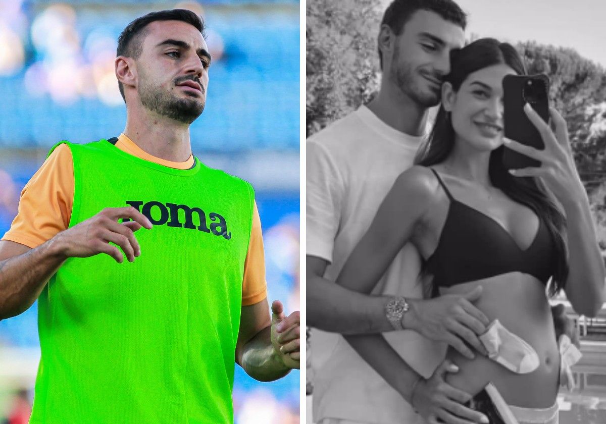 El futbolista en un entrenamiento y en la imagen compartida en redes por su pareja.