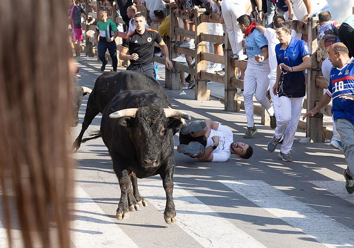 El toro avanza tras haber arrollado a uno de los corredores.