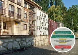 Cuartel de la Guardia Civil de Piñel de Abajo. En el círculo, cartel que informa del horario de apertura de las oficinas.