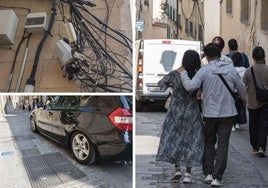A la derecha, cables en una fachada de Daoiz y un vehíuculo circula junto a tapas y arquetas, y a la izquierda, trasiego de turistas y ciches por la calle.