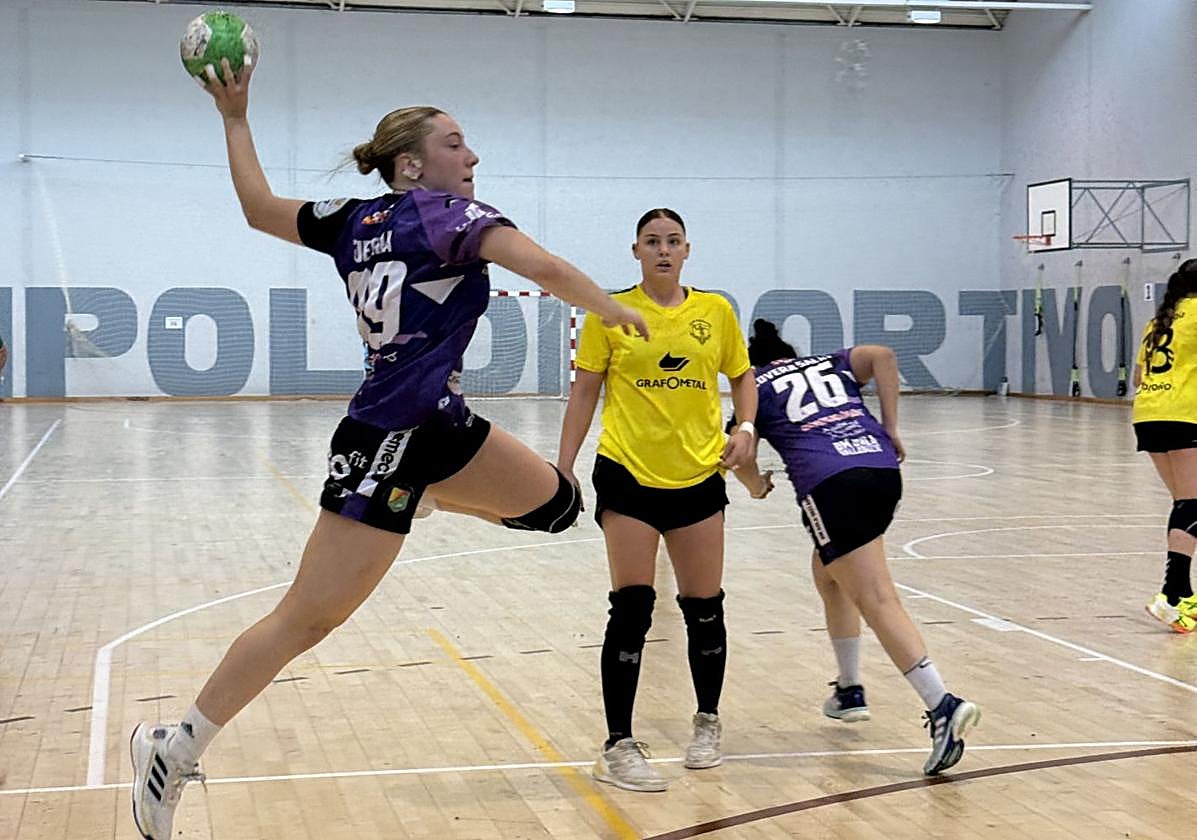 Una jugadora del Aula se eleva para lanzar a portería.