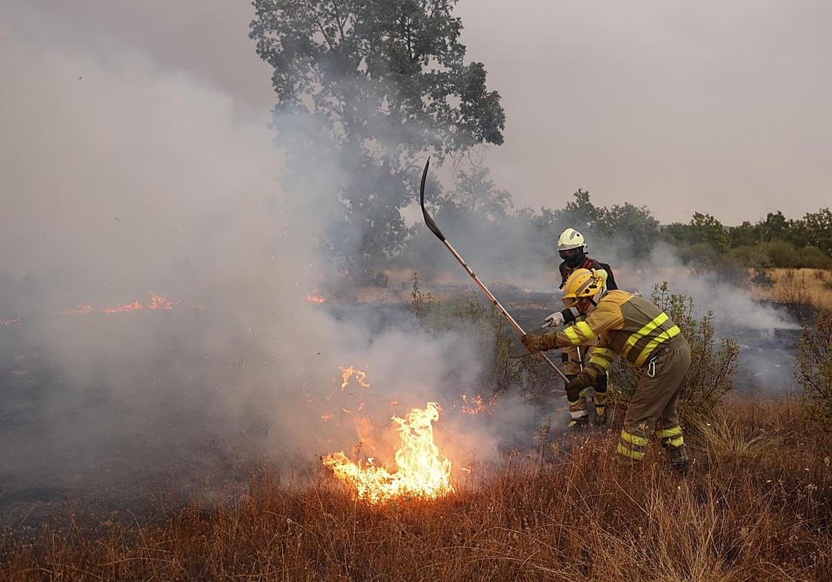 Bomberos forestales trabajan en el incendio de Puercas.
