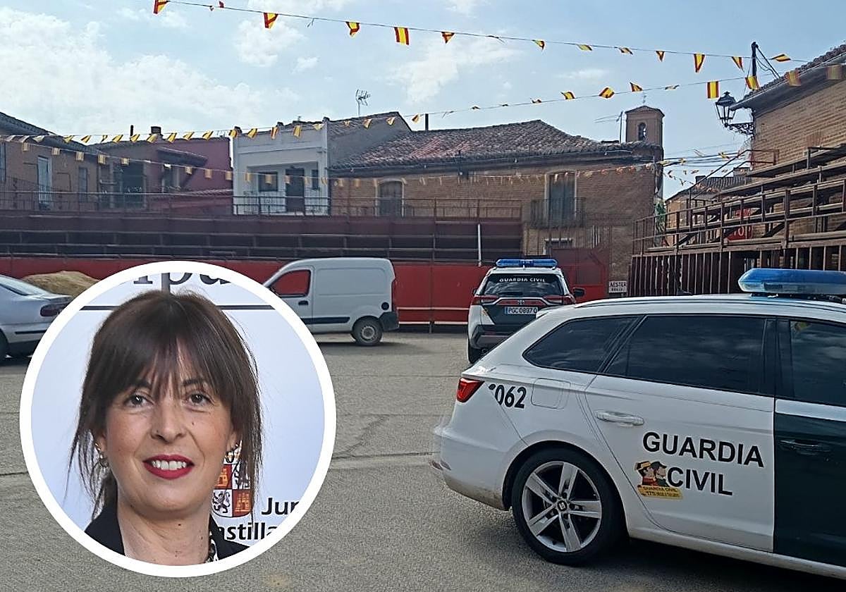 Plaza de toros de San Román de Hornija con patrullas de la Guardia Civil, en detalle, Mercedes Motrel.