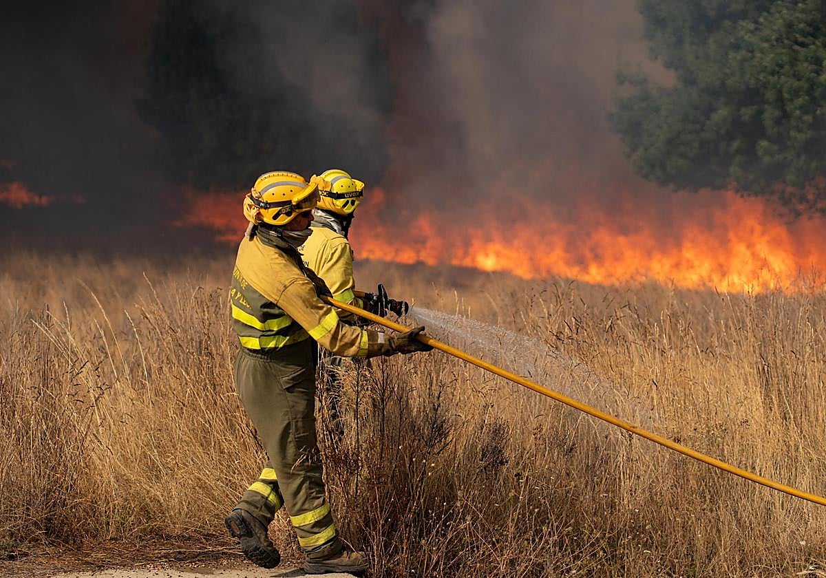 Bomberos continúan los trabajos de extinción para sofocar el incendio, a 10 de agosto de 2025, en Molezuelas de la Carballeda.