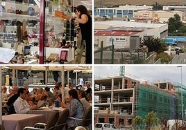 Arriba, comercios y naves industriales; y abajo la terraza de un restaurante y un bloque de viviendas en constucción en Segovia.