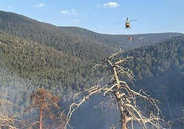 Un helicóptero participa en las labores de extinción del incendio en la sierra de Guadarrama.