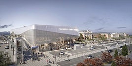 Infografía del futuro aspecto de la estación de trenes de Campo Grande con el nuevo edificio y la pasarela.