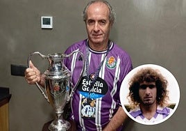 Arriba, Pepín con la Copa de la Liga. En detalle, con la camiseta blanquivioleta.