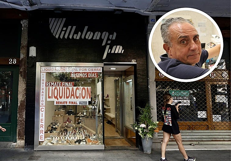 Puerta de la zapatería Villalonga y en el círculo, su dueño, Gonzalo Villalonga.