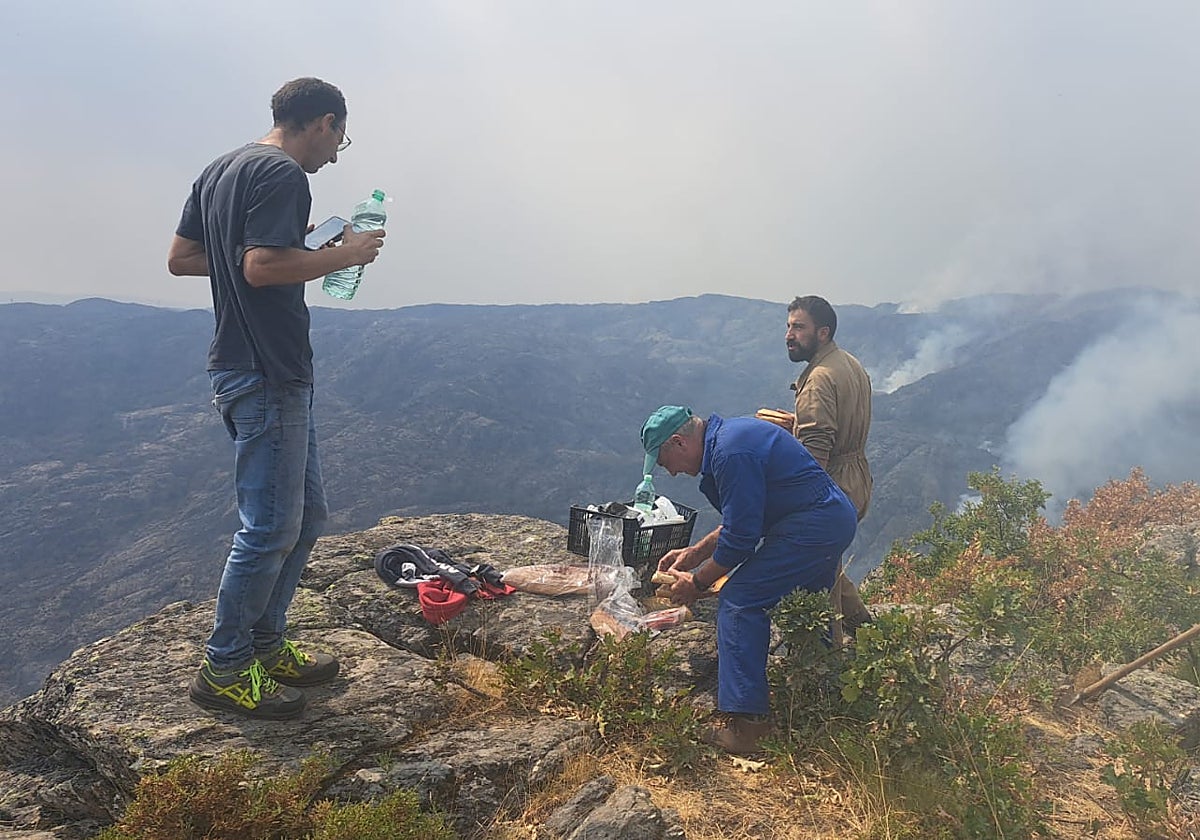 Varios vecinos colaboran en la extinción del incendio en los alrededores de San Martín de Castañeda.