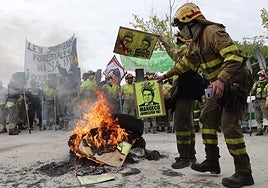 Protesta a la entrada de las Cortes por la gestión forestal y de lucha contra incendios de la Junta.