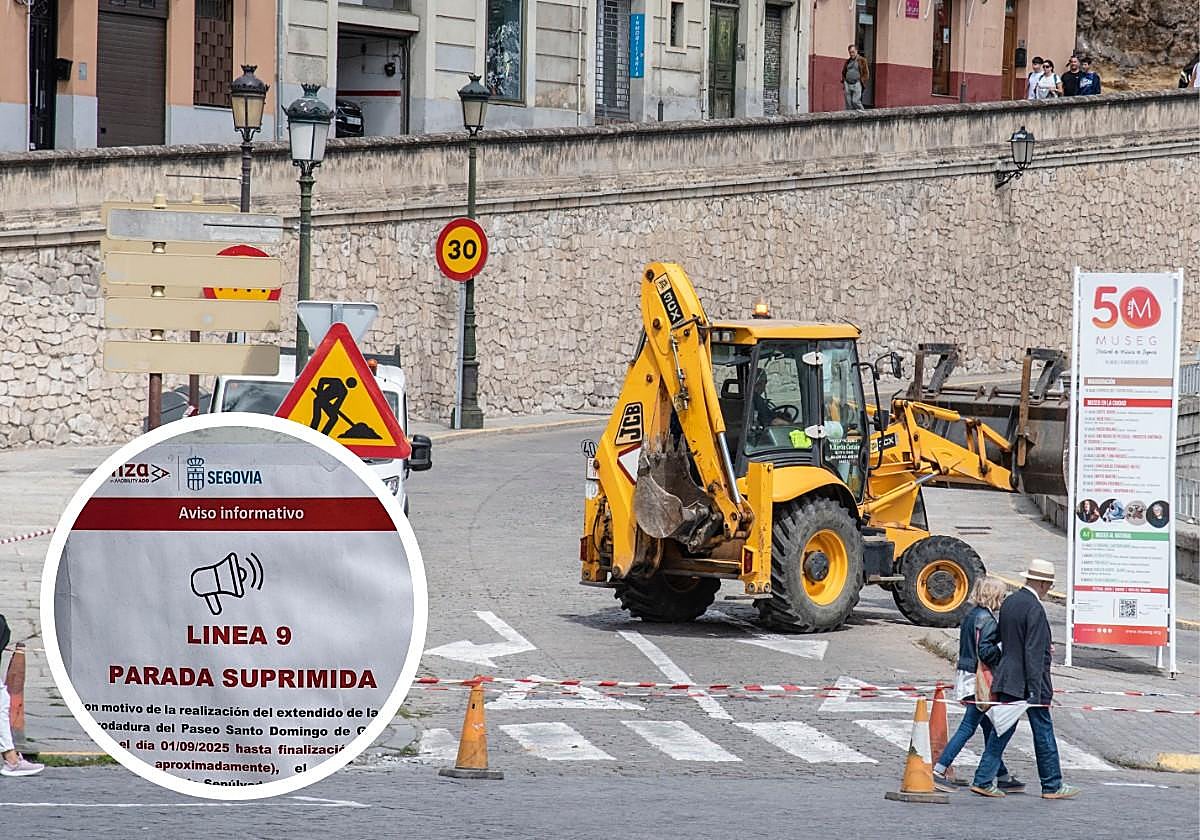 Obras en el paseo de Santo Domingo de Guzmán y cartel que informa de la supresión de una parada.