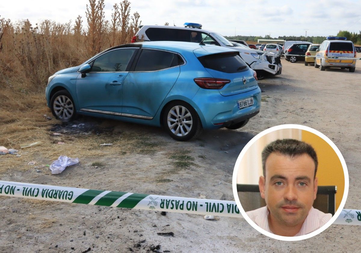 En grande, el coche incendiado en el polígono Prado Vega; en pequeño, el alcalde de Cuéllar, Carlos Fraile.