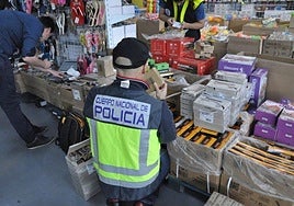 Imagen de archivo de un agente policial durante la incautación de copias falsificadas de productos informáticos.