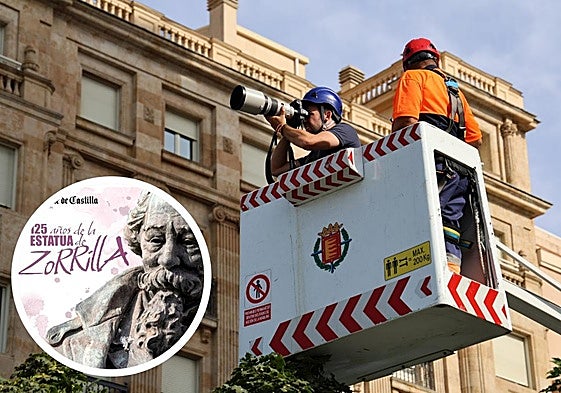 El fotógrafo de El Norte de Castilla, Alberto Mingueza, en busca de la mejor fotografía para el suplemento especial del 125º aniversario de la Estatua de Zorrilla.