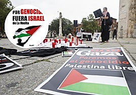 Mensajes contra la guerra en Gaza en el acto celebrado este sábado en San Pablo y detalle del cartel de la convocatoria para la protesta del día 11 al paso de la Vuelta.